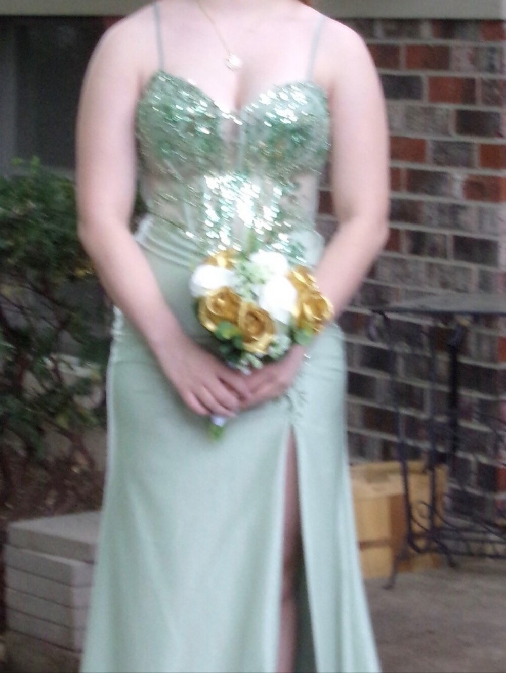 Sage Green Sequin Bodice Prom Gown with Thigh Slit